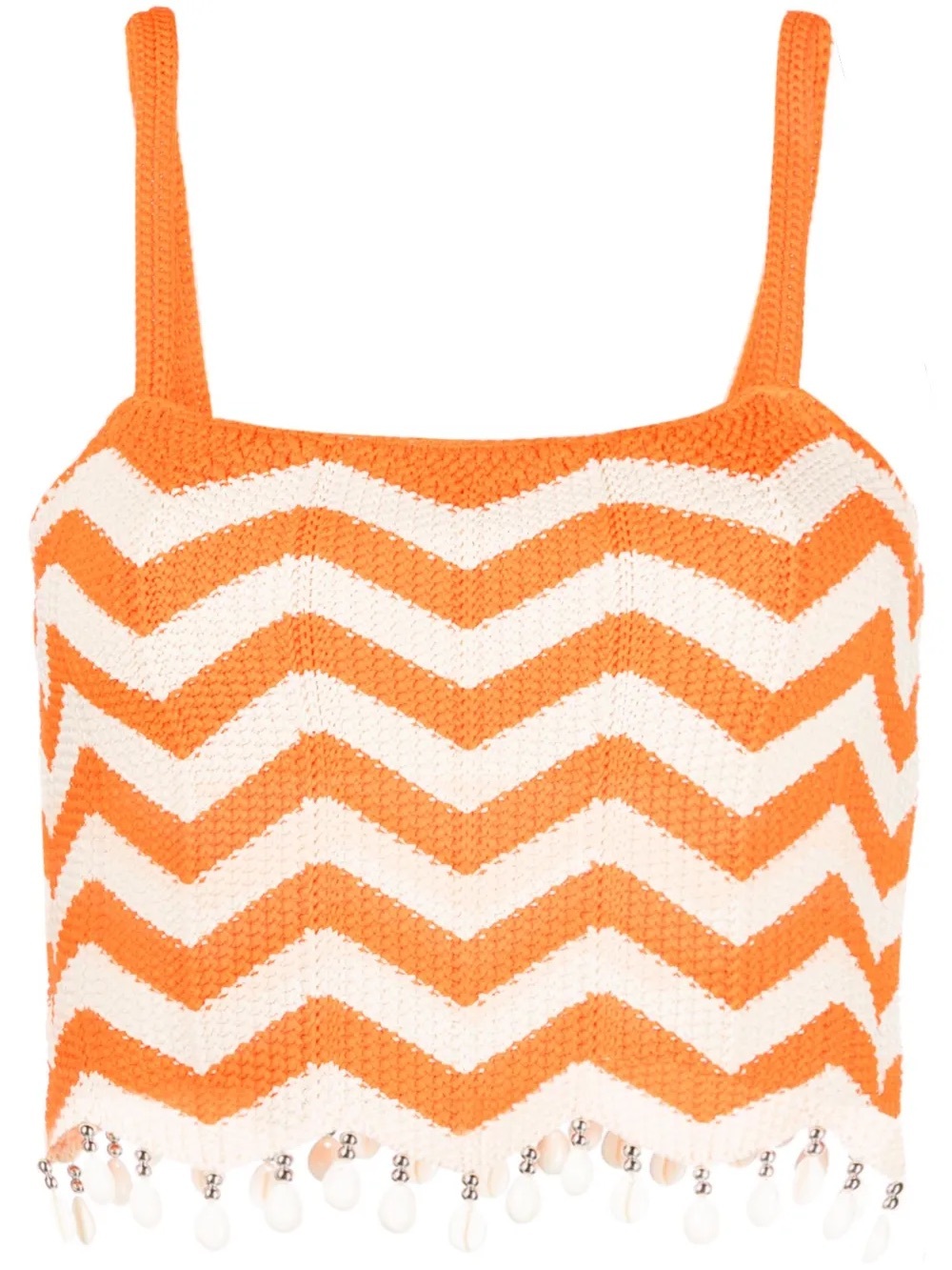 Sandro Orange and White crochet shell Fringe crop top